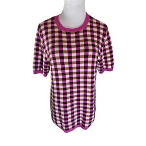Ann Taylor Womens Large Short Sleeve Sweater Top Knit Plaid Pink Brown White‎